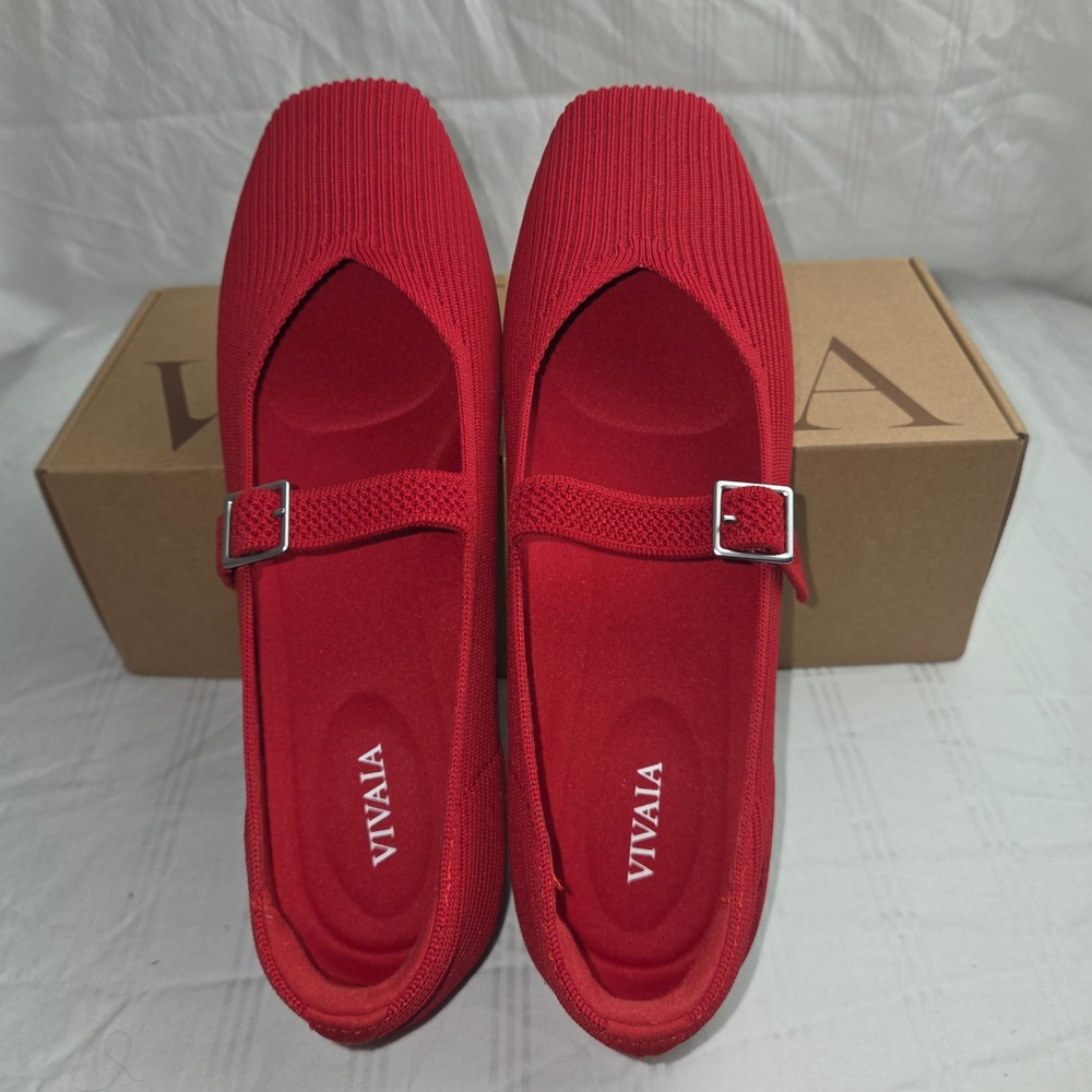 VIVAIA Margot Mary Jane Ruby Red Square Toe Knit Flats EU 37.5 US 7 - Picture 4 of 16
